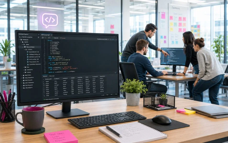 Monitor so SQL dotazom a databázovou tabuľkou v kancelárii, kde tím pracuje na vývoji softvéru.