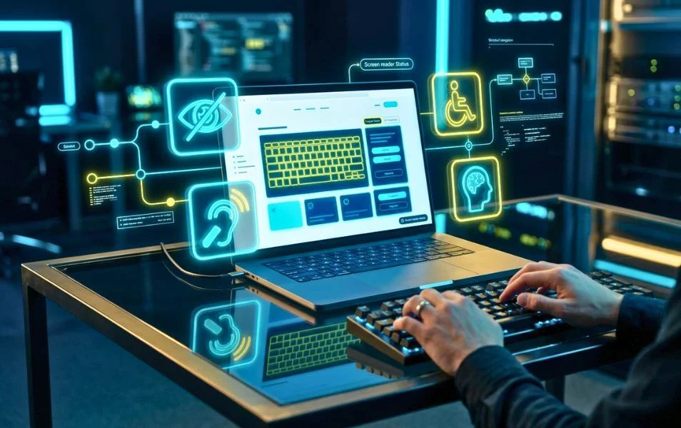 Notebook s prvkami accessibility testingu, čítačky obrazovky, klávesnicového ovládania a prístupnosti webu.