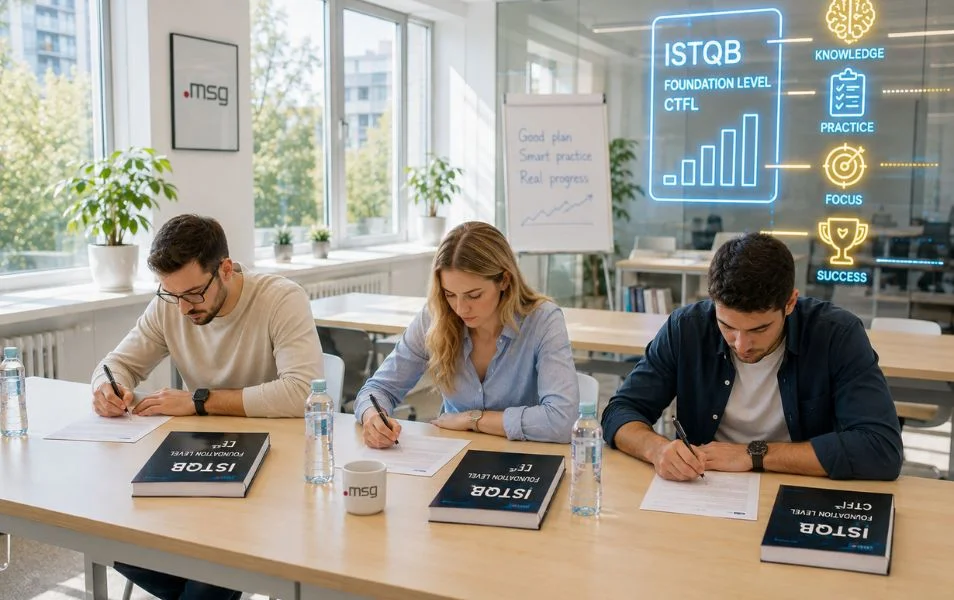 Uchádzači vypĺňajú ISTQB Foundation Level skúšku v školiacej miestnosti