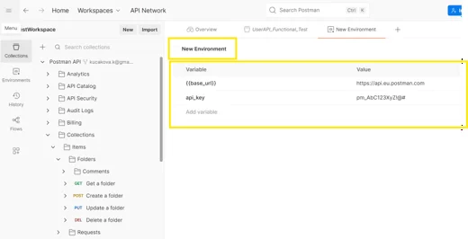 Postman environment, nastavenie premenných base_url a api_key v New Environment.