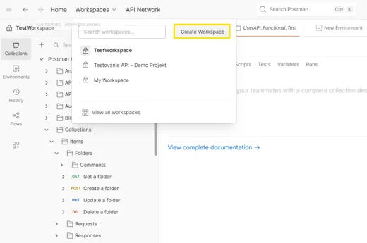 Postman workspace, vytvorenie novej pracovnej plochy cez menu Workspaces → Create Workspace.
