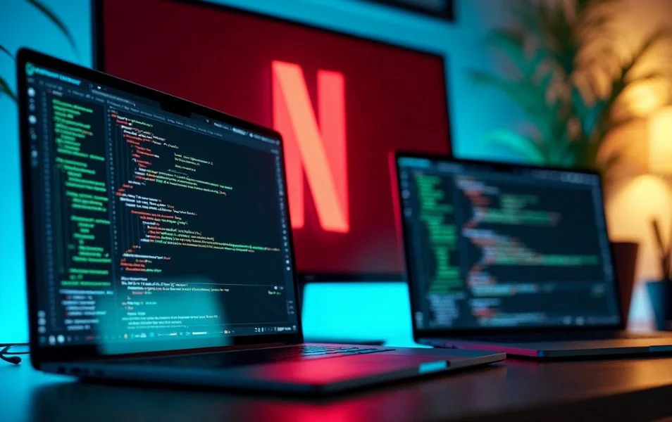 Kódovanie a testovanie softvéru na dvoch monitoroch v pracovnom prostredí Netflixu.