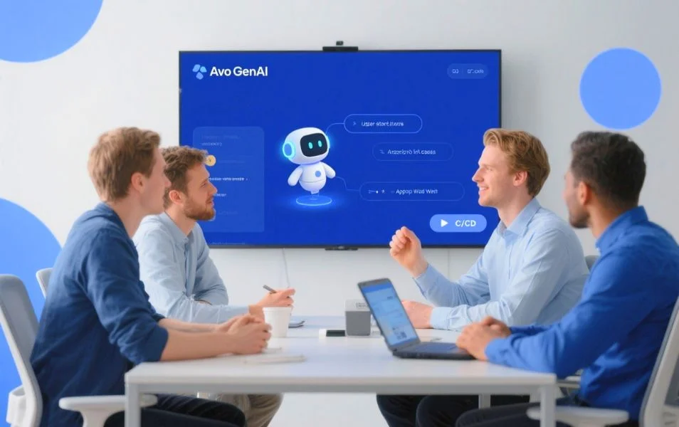 Štyria členovia tímu sedia pri stole a sledujú prezentáciu o Avo GenAI na veľkej obrazovke.