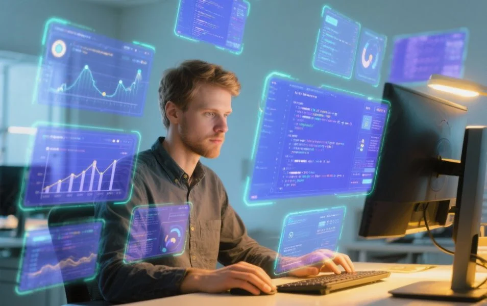 Muž pri monitore sleduje grafy a zdrojový kód pri testovaní výkonu webovej aplikácie.