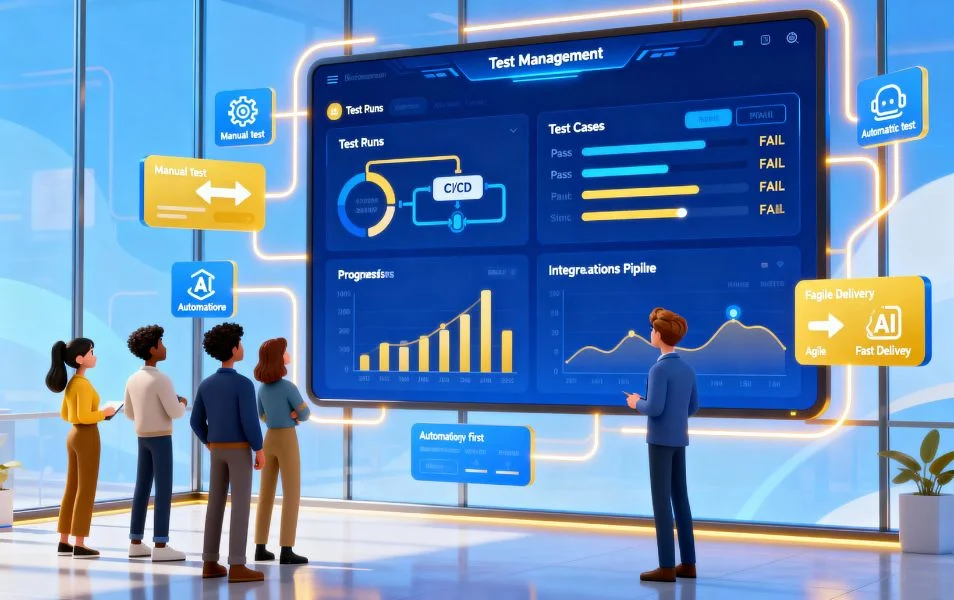 Skupina zamestnancov pred obrazovkou s Test Management prehľadom