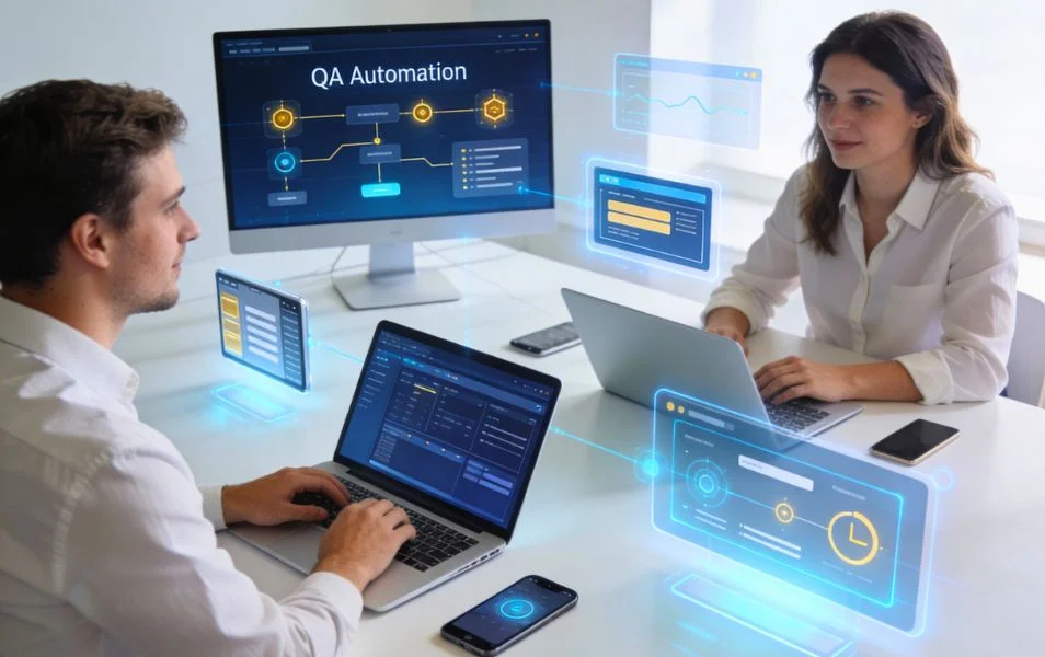 Automatizované testovanie softvéru v TestComplete – QA tím pracujúci na webových, desktopových a mobilných aplikáciách s vizualizáciou testovacích scenárov.