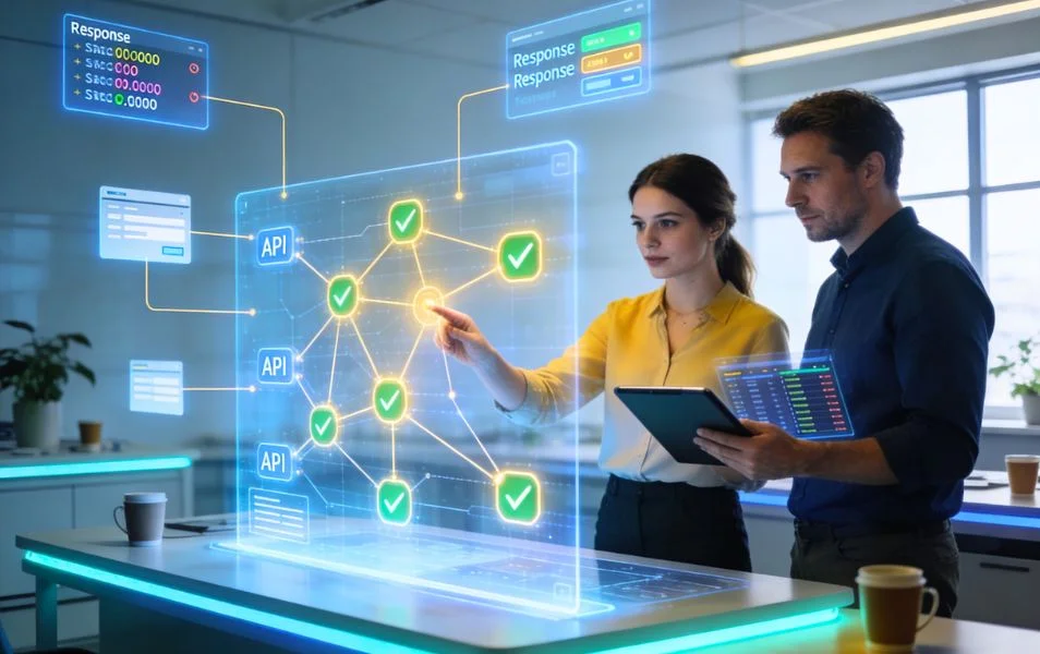 Tím testerov pracuje s nástrojom na automatizované testovanie API a integračných rozhraní