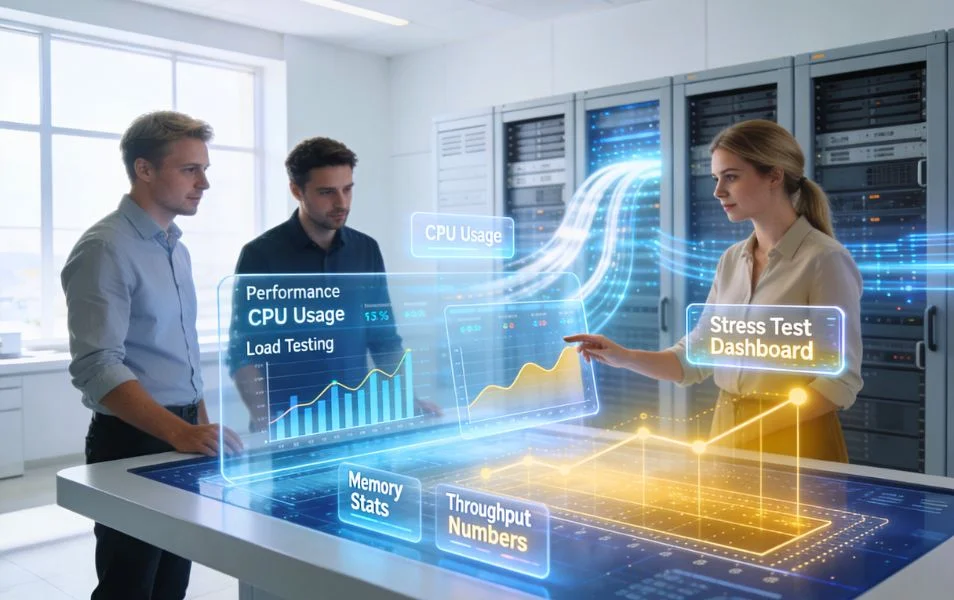 Tím IT špecialistov analyzuje záťažové a výkonnostné testovanie aplikácií v nástroji LoadRunner na vizuálnom dashboarde v serverovni.