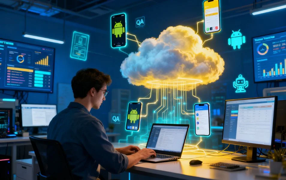 Tester pracuje v Perfecto platforme a na obrazovkách vidno cloudové testovanie mobilných aplikácií