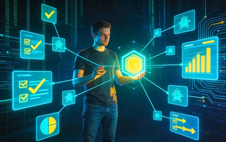 Tester pracuje so systémom TestLink a okolo neho vidno prvky plánovania testov, kontrolné zoznamy a reporty