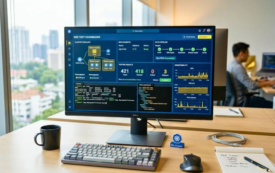 kubernetess testing softverove prostredie zobrazene na monitore v kancelarii