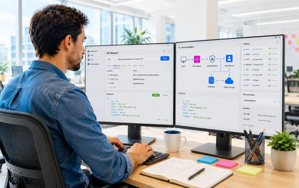 Tester pracuje s API requestmi, dokumentáciou a architektúrou systému na dvoch monitoroch.