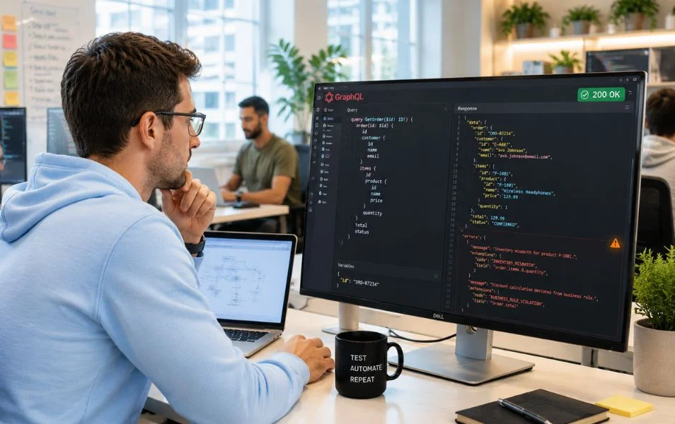 Tester sleduje GraphQL požiadavku a odpoveď API s chybami v tele odpovede.