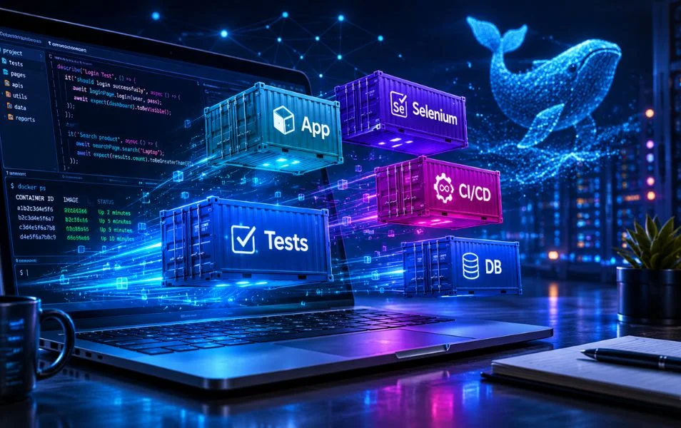 Ilustrácia Docker kontajnerov pre aplikáciu, testy, Selenium, CI/CD a databázu.