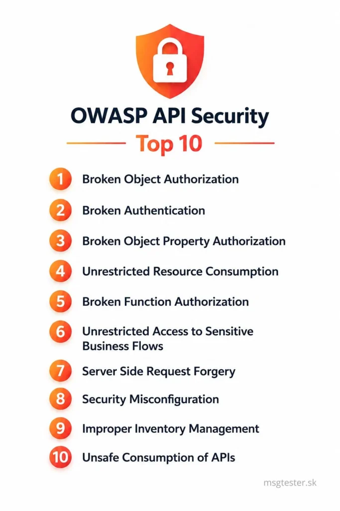 Infografika zobrazuje desať najkritickejších bezpečnostných rizík pre API podľa OWASP.