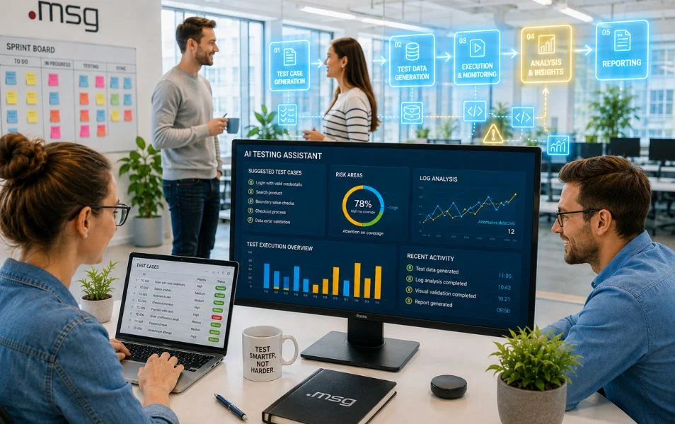QA tím pri manuálnom testovaní s AI asistentom na monitore
