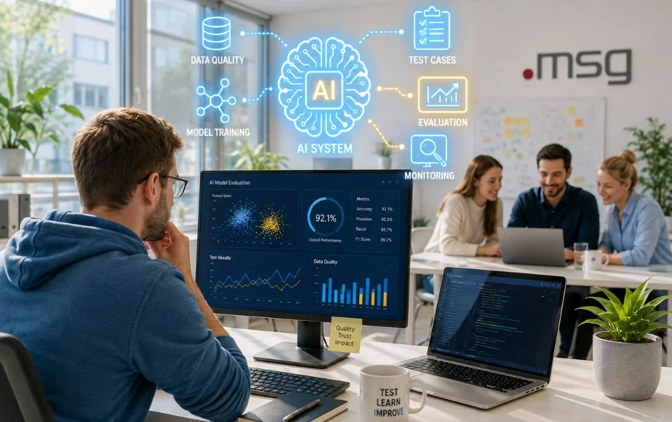 Tester pri monitore s vyhodnotením AI systému, kvality dát, modelového tréningu a testovacích prípadov.