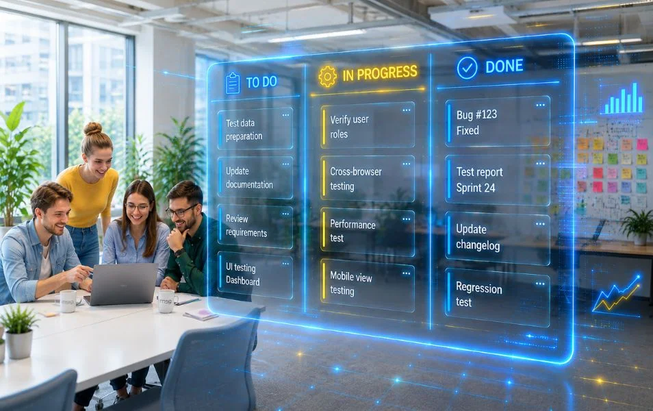 Tím používa Kanban board pri agilnom testovaní softvéru