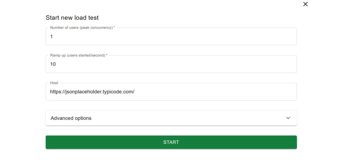 Locust web UI: konfiguračná obrazovka pred spustením testu s poľami Number of users, Ramp up a Host